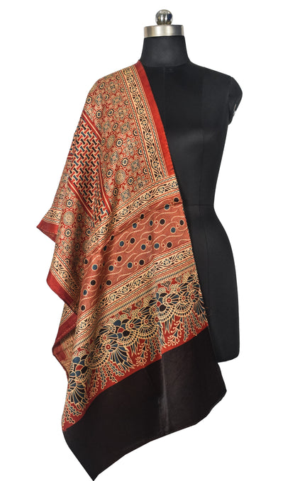 Ajrakh Mashru Silk Natural Dye Three Colour Print | 3 Kam | Screen Print Hand Printed Stole  - 2.1 Mtr Length   -  SKU : JH09A01Q
