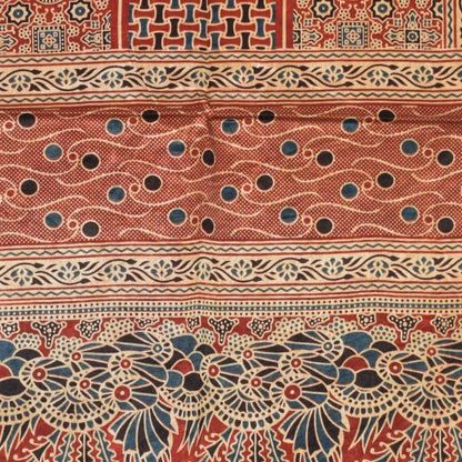 Ajrakh Mashru Silk Natural Dye Three Colour Print | 3 Kam | Screen Print Hand Printed Stole  - 2.1 Mtr Length   -  SKU : JH09A01Q