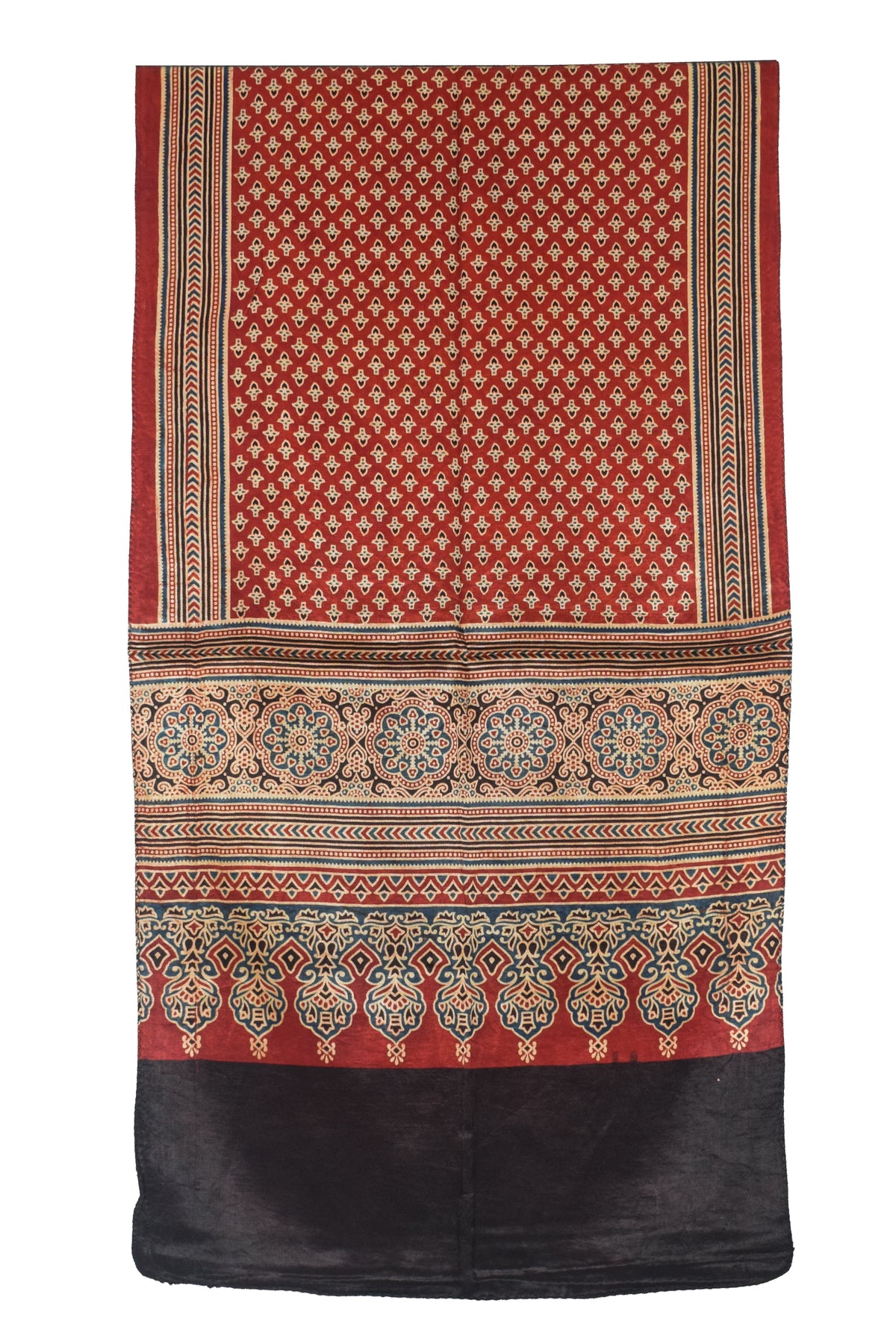 Ajrakh Mashru Silk Natural Dye Three Colour Print | 3 Kam | Screen Print Hand Printed Stole  - 2.1 Mtr Length   -  SKU : JH09A01V