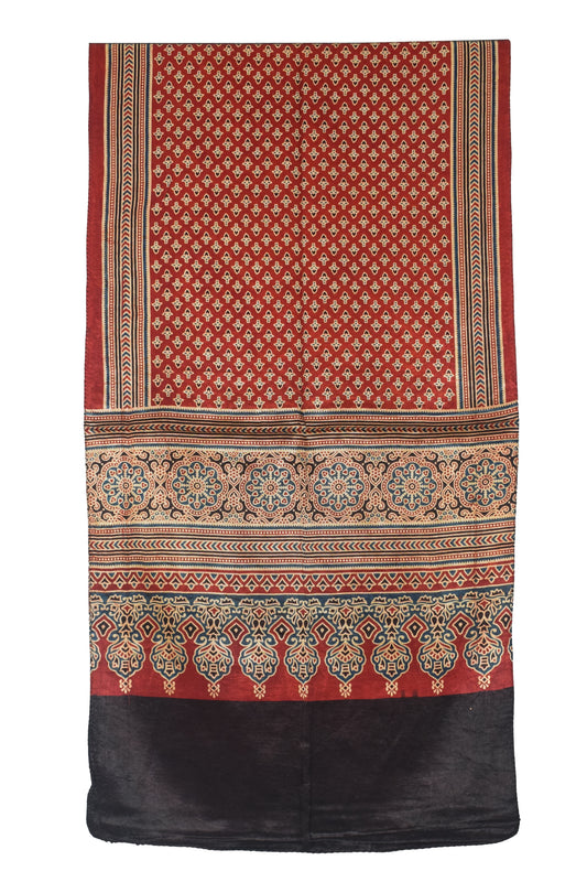 Ajrakh Mashru Silk Natural Dye Three Colour Print | 3 Kam | Screen Print Hand Printed Stole  - 2.1 Mtr Length   -  SKU : JH09A01V