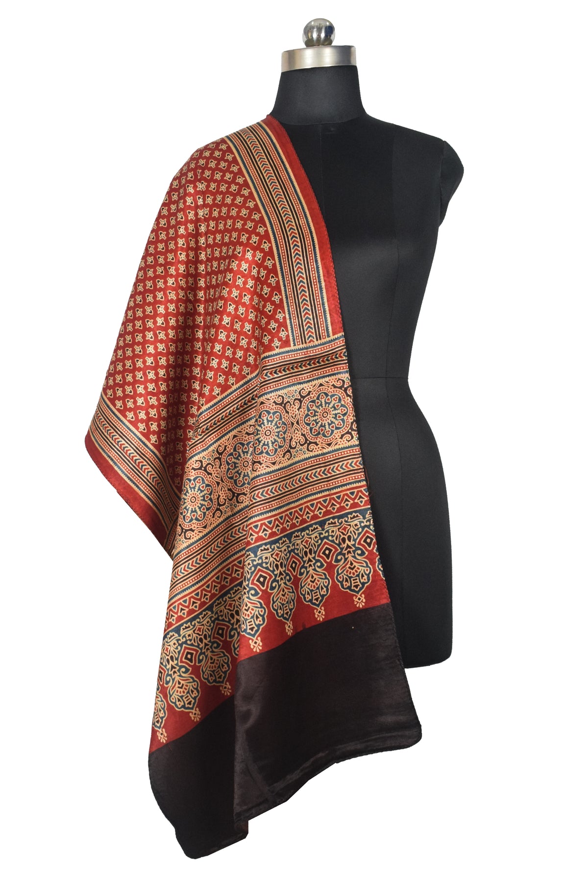 Ajrakh Mashru Silk Natural Dye Three Colour Print | 3 Kam | Screen Print Hand Printed Stole  - 2.1 Mtr Length   -  SKU : JH09A01V
