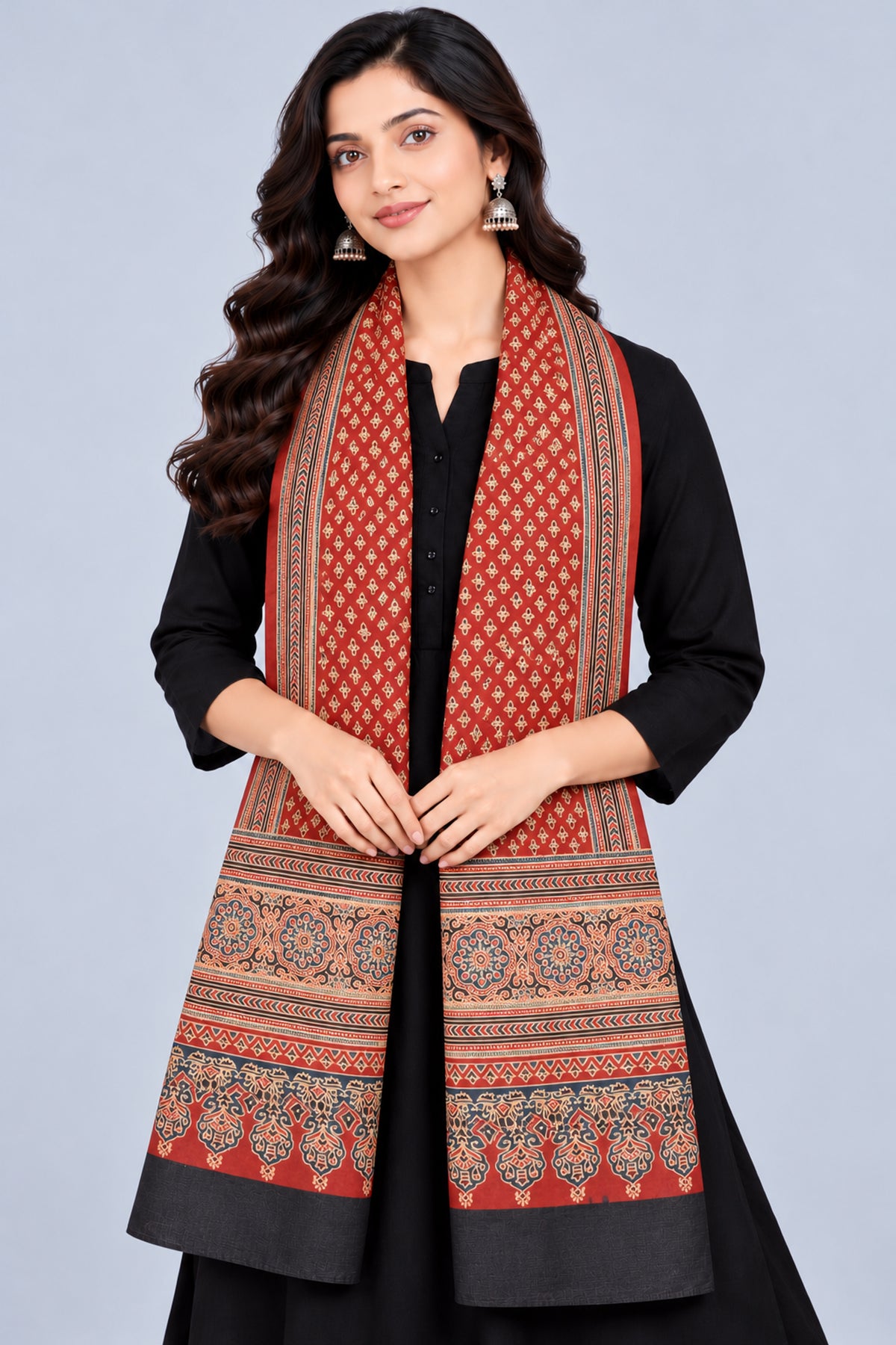 Ajrakh Mashru Silk Natural Dye Three Colour Print | 3 Kam | Screen Print Hand Printed Stole  - 2.1 Mtr Length   -  SKU : JH09A01V