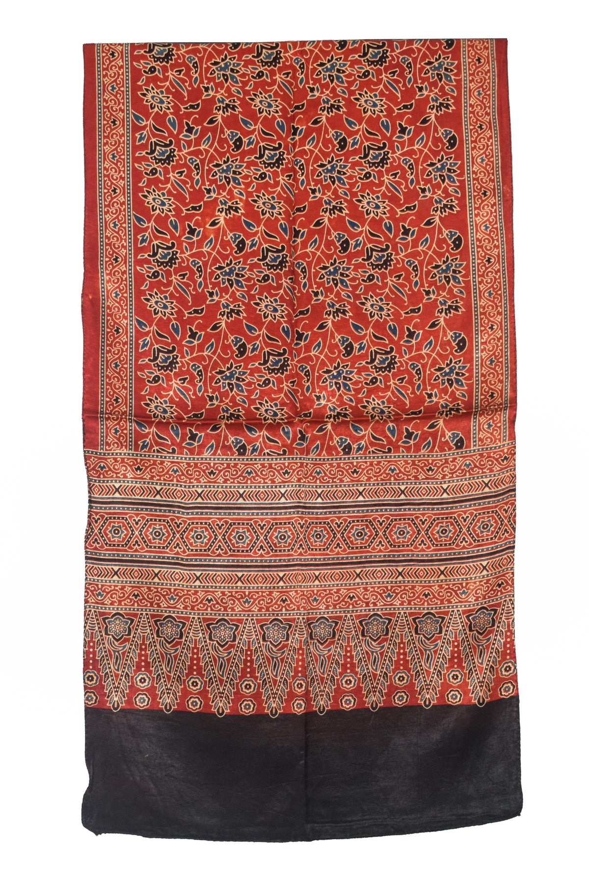 Ajrakh Mashru Silk Natural Dye Three Colour Print | 3 Kam | Screen Print Hand Printed Stole  - 2.1 Mtr Length   -  SKU : JH09A0AA
