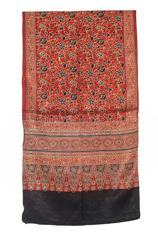 Ajrakh Mashru Silk Natural Dye Three Colour Print | 3 Kam | Screen Print Hand Printed Stole  - 2.1 Mtr Length   -  SKU : JH09A0AA