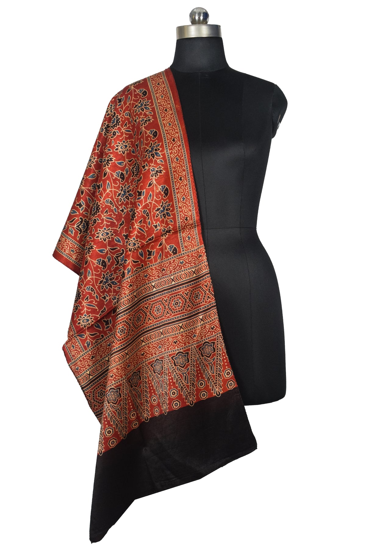 Ajrakh Mashru Silk Natural Dye Three Colour Print | 3 Kam | Screen Print Hand Printed Stole  - 2.1 Mtr Length   -  SKU : JH09A0AA