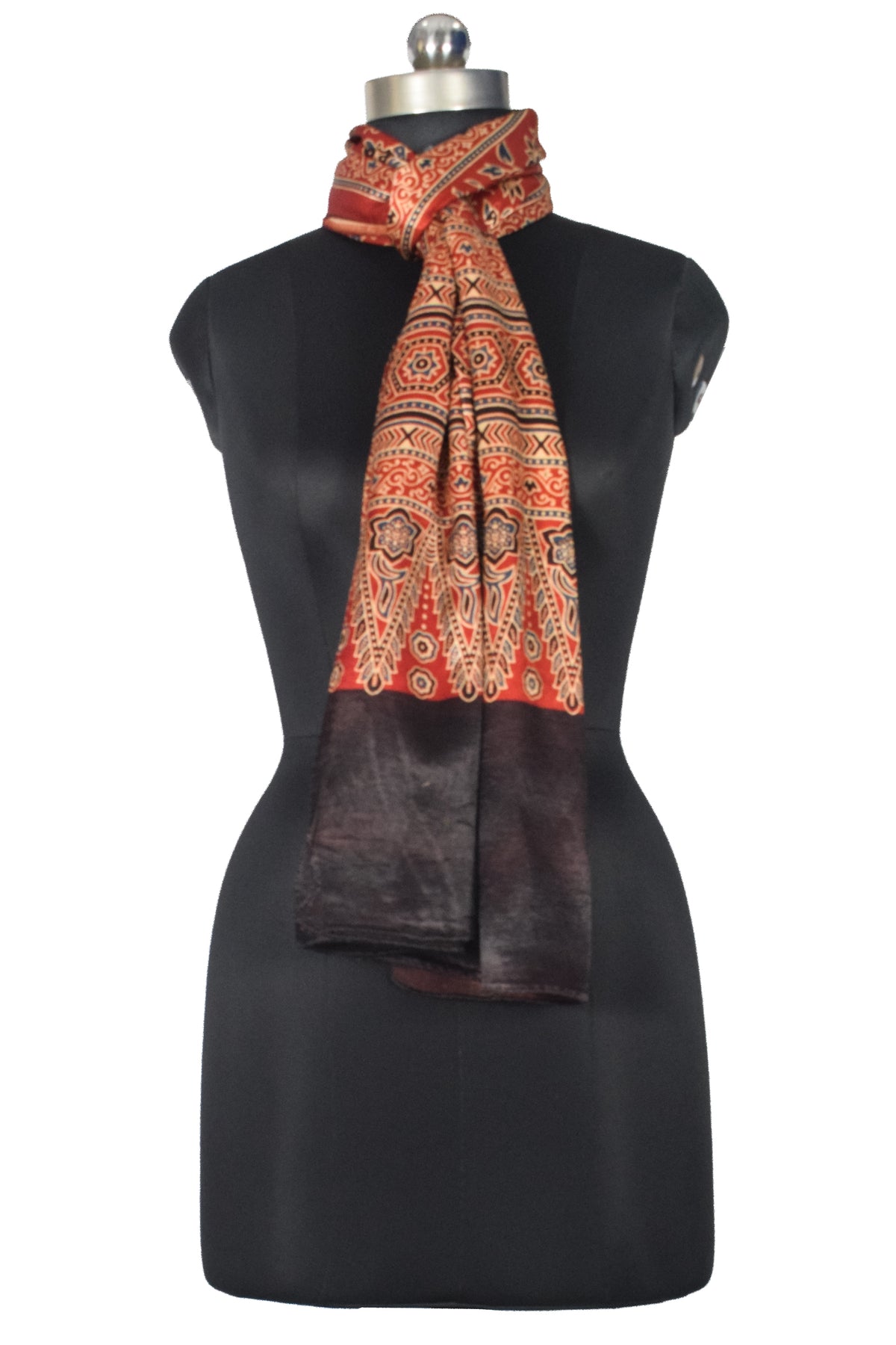 Ajrakh Mashru Silk Natural Dye Three Colour Print | 3 Kam | Screen Print Hand Printed Stole  - 2.1 Mtr Length   -  SKU : JH09A0AA