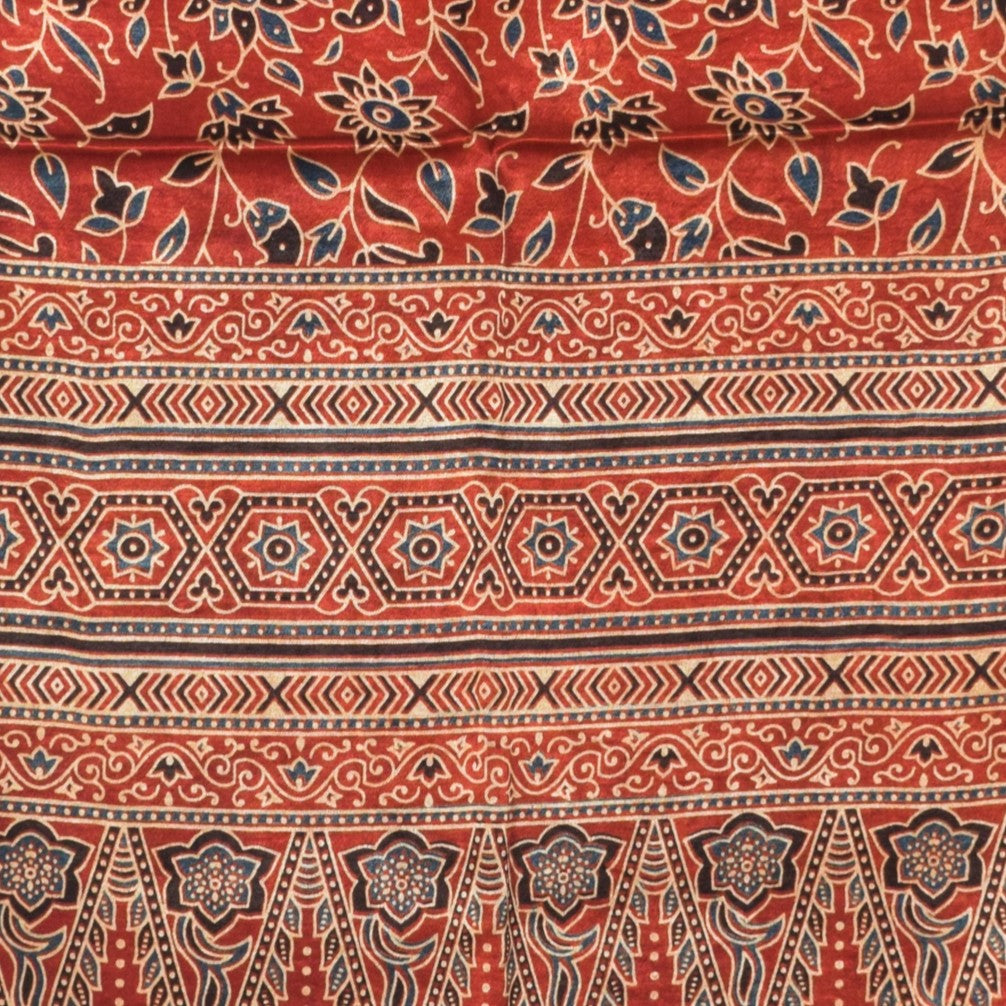 Ajrakh Mashru Silk Natural Dye Three Colour Print | 3 Kam | Screen Print Hand Printed Stole  - 2.1 Mtr Length   -  SKU : JH09A0AA