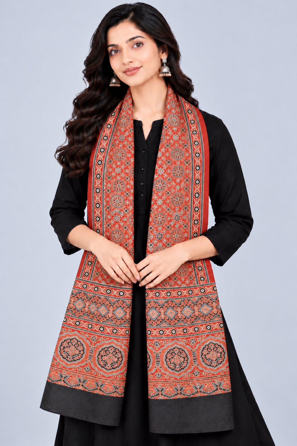 Ajrakh Mashru Silk Natural Dye Three Colour Print | 3 Kam | Screen Print Hand Printed Stole  - 2.1 Mtr Length   -  SKU : JH09A0AA