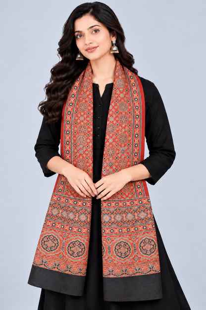 Ajrakh Mashru Silk Natural Dye Three Colour Print | 3 Kam | Screen Print Hand Printed Stole  - 2.1 Mtr Length   -  SKU : JH09A0AA