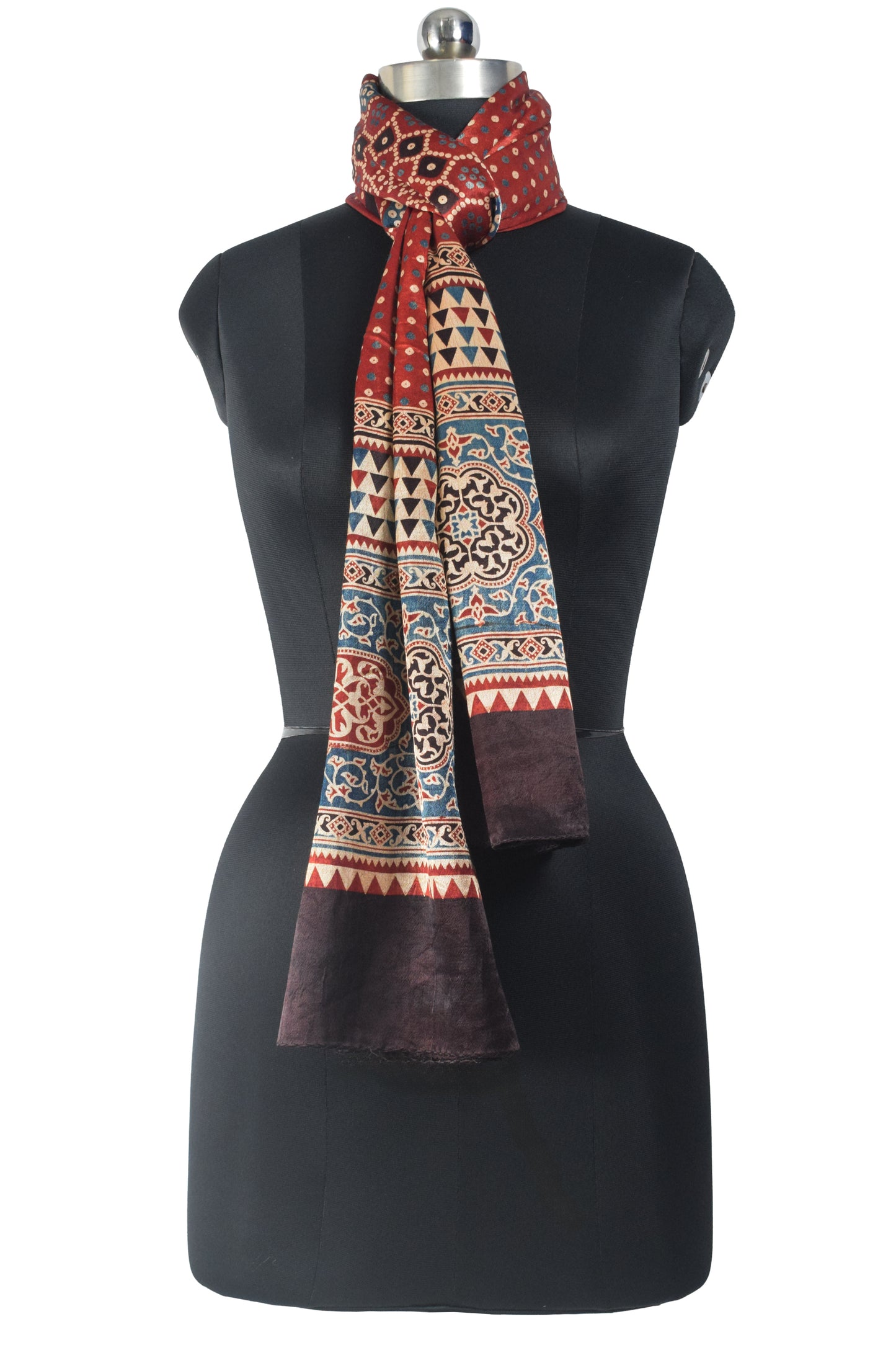 Ajrakh Mashru Silk Natural Dye Screen Print Hand Printed Stole  - 2.1 Mtr Length    -  SKU : JH25601B