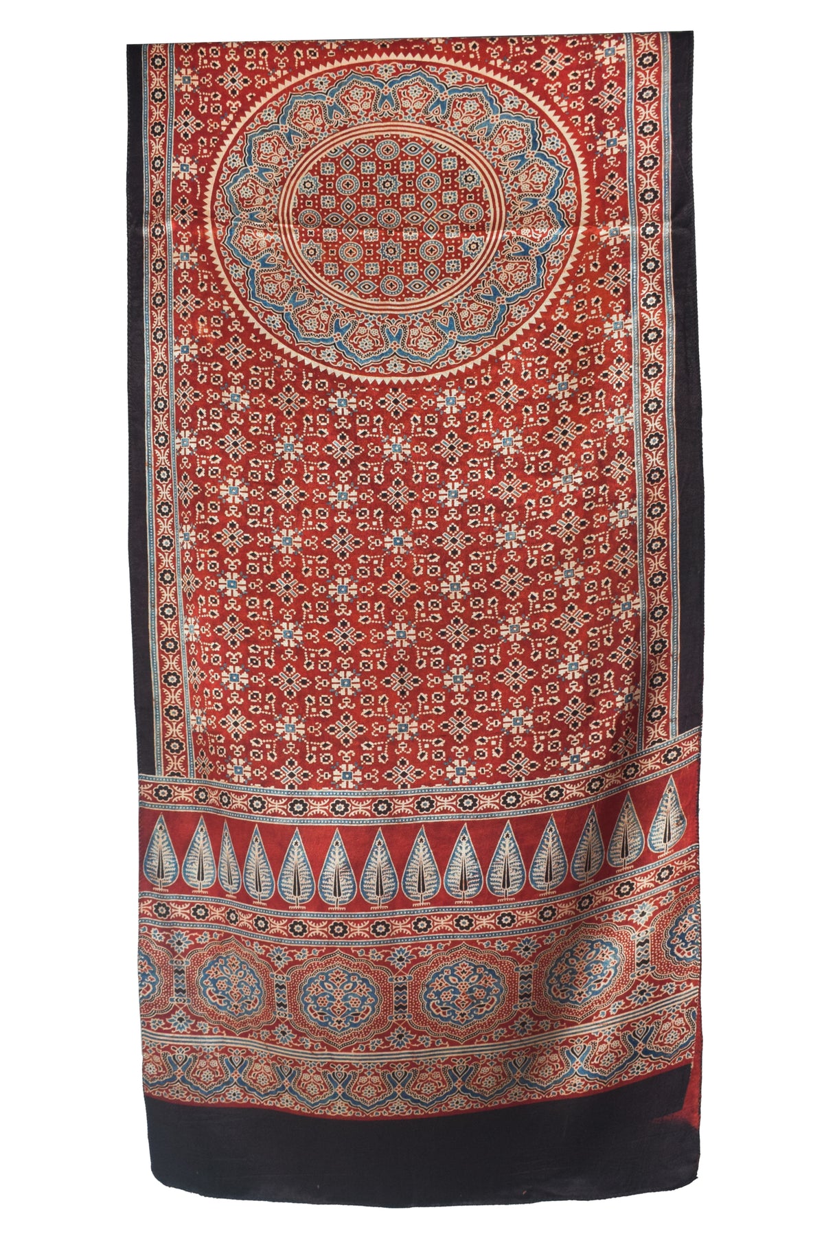Ajrakh Mashru Silk Natural Dye Three Colour Print | 3 Kam | Screen Hand Printed Stole  - 2.1 Mtr Length   -  SKU : JH29701E