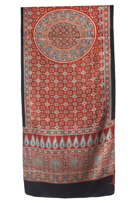 Ajrakh Mashru Silk Natural Dye Three Colour Print | 3 Kam | Screen Hand Printed Stole  - 2.1 Mtr Length   -  SKU : JH29701E
