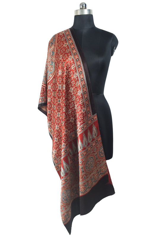 Ajrakh Mashru Silk Natural Dye Three Colour Print | 3 Kam | Screen Hand Printed Stole  - 2.1 Mtr Length   -  SKU : JH29701E