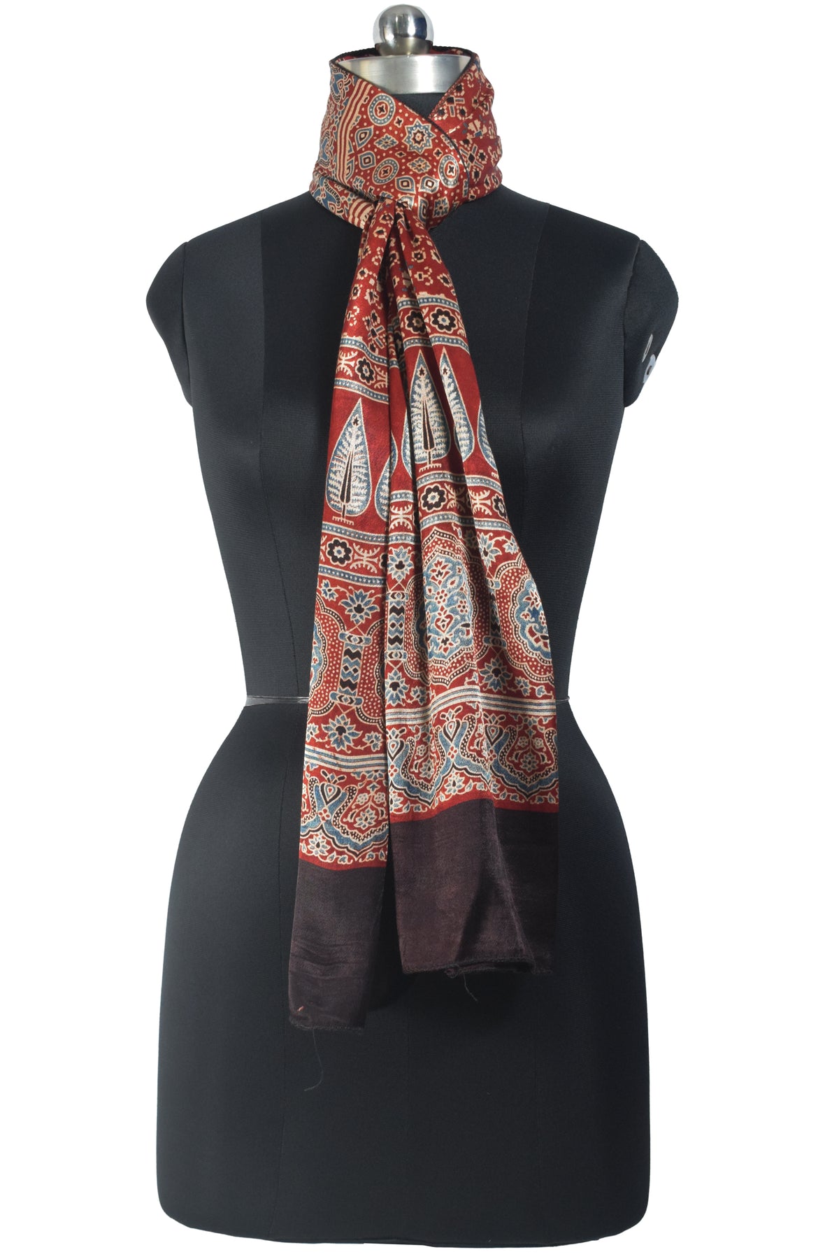 Ajrakh Mashru Silk Natural Dye Three Colour Print | 3 Kam | Screen Hand Printed Stole  - 2.1 Mtr Length   -  SKU : JH29701E