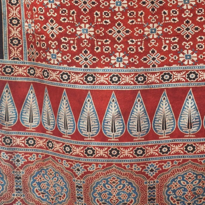 Ajrakh Mashru Silk Natural Dye Three Colour Print | 3 Kam | Screen Hand Printed Stole  - 2.1 Mtr Length   -  SKU : JH29701E
