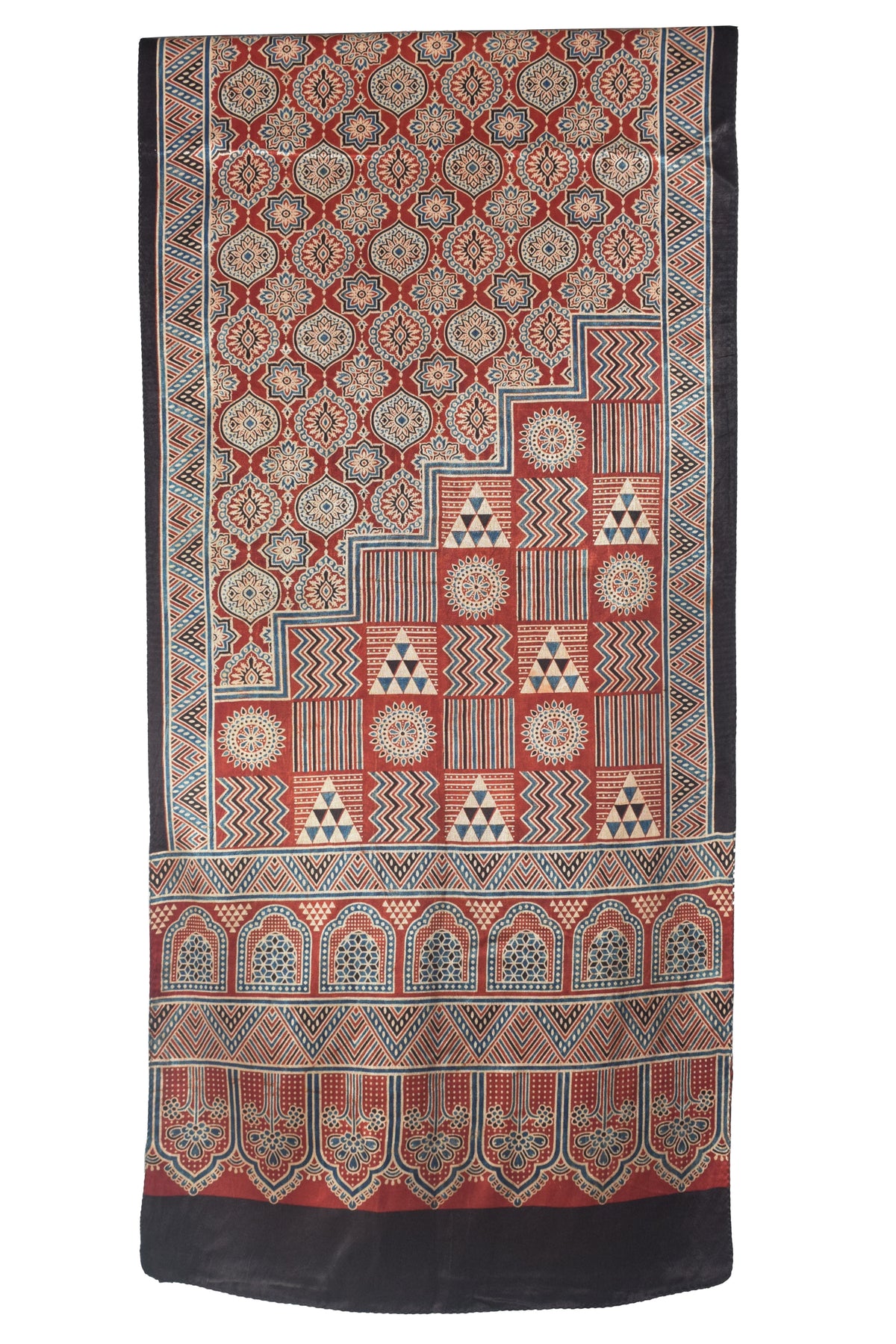 Ajrakh Mashru Silk Natural Dye Three Colour Print | 3 Kam | Screen Hand Printed Stole  - 2.1 Mtr Length   -  SKU : JH29701G