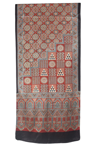 Ajrakh Mashru Silk Natural Dye Three Colour Print | 3 Kam | Screen Hand Printed Stole  - 2.1 Mtr Length   -  SKU : JH29701G