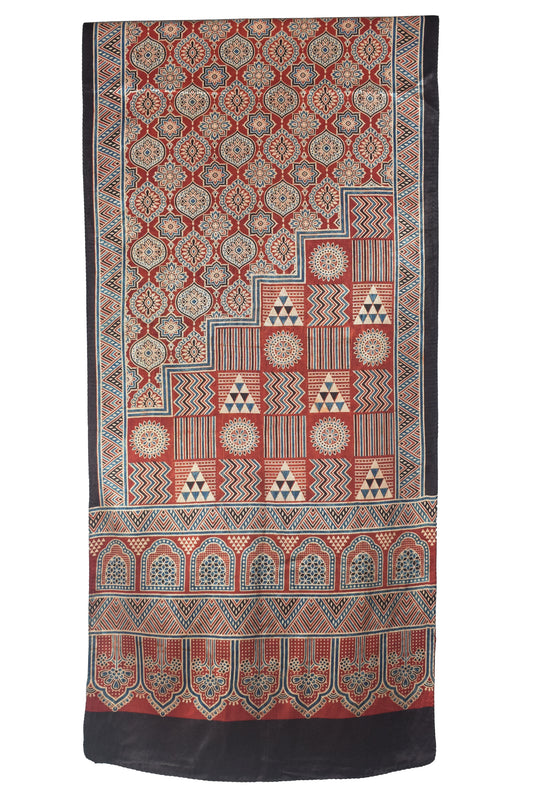 Ajrakh Mashru Silk Natural Dye Three Colour Print | 3 Kam | Screen Hand Printed Stole  - 2.1 Mtr Length   -  SKU : JH29701G