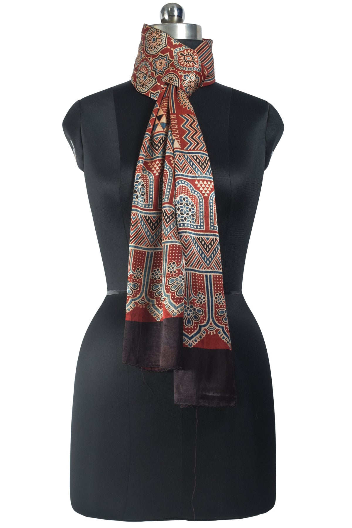 Ajrakh Mashru Silk Natural Dye Three Colour Print | 3 Kam | Screen Hand Printed Stole  - 2.1 Mtr Length   -  SKU : JH29701G