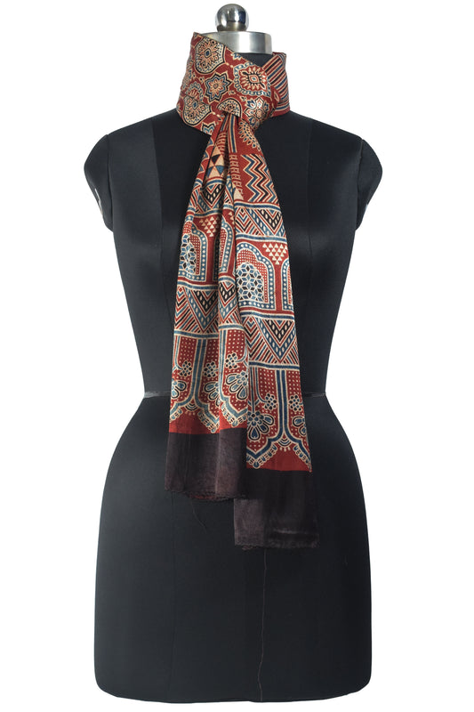 Ajrakh Mashru Silk Natural Dye Three Colour Print | 3 Kam | Screen Hand Printed Stole  - 2.1 Mtr Length   -  SKU : JH29701G