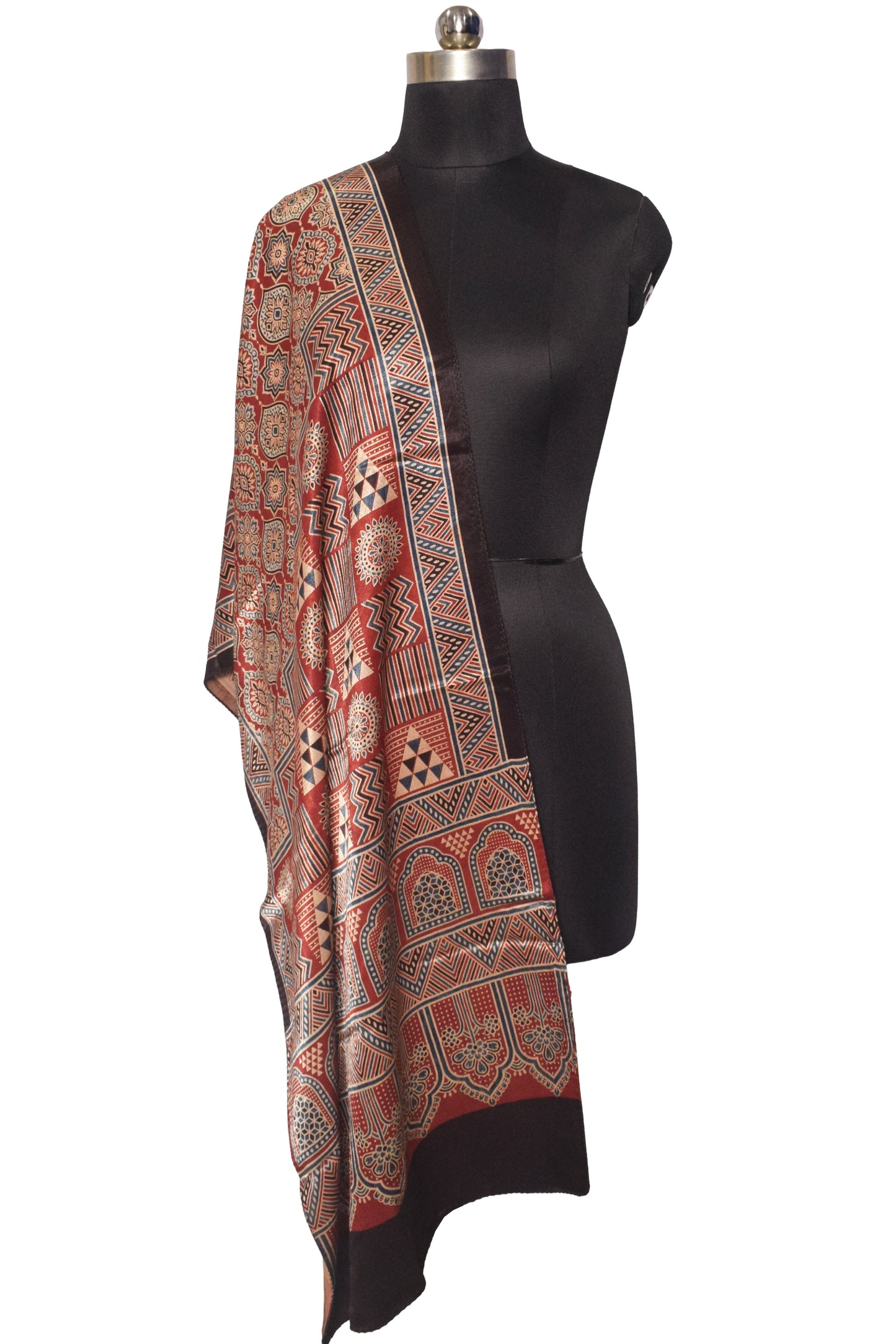 Ajrakh Mashru Silk Natural Dye Three Colour Print | 3 Kam | Screen Hand Printed Stole  - 2.1 Mtr Length   -  SKU : JH29701G