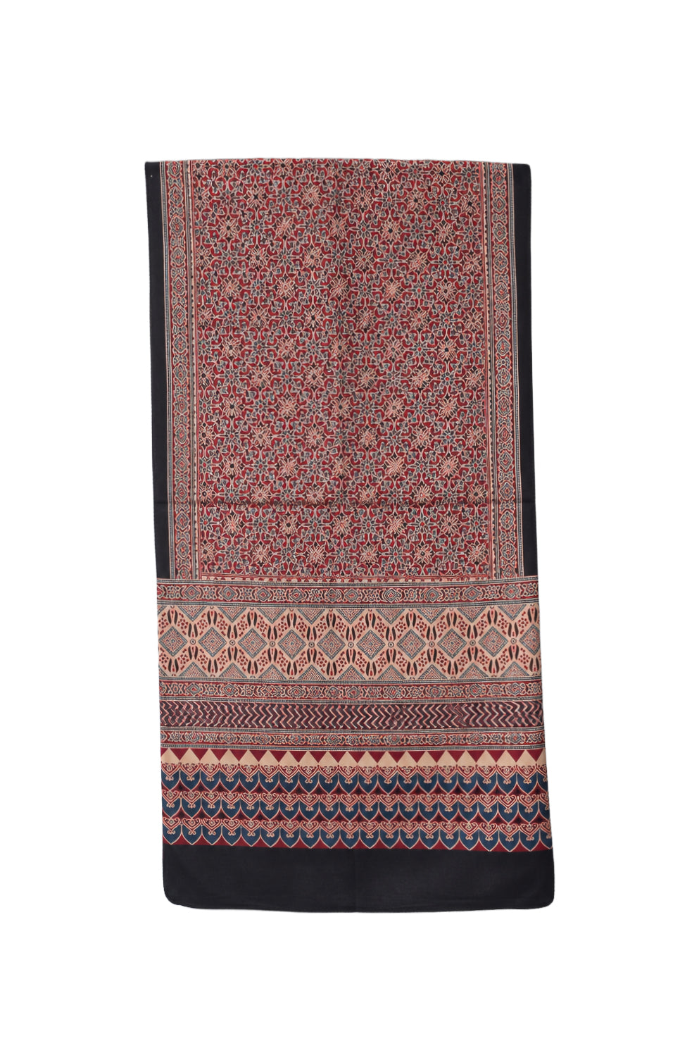 Ajrakh Mashru Silk Natural Dye Three Colour Print | 3 Kam | Screen Hand Printed Stole  - 2.1 Mtr Length   -  SKU : JH29701O