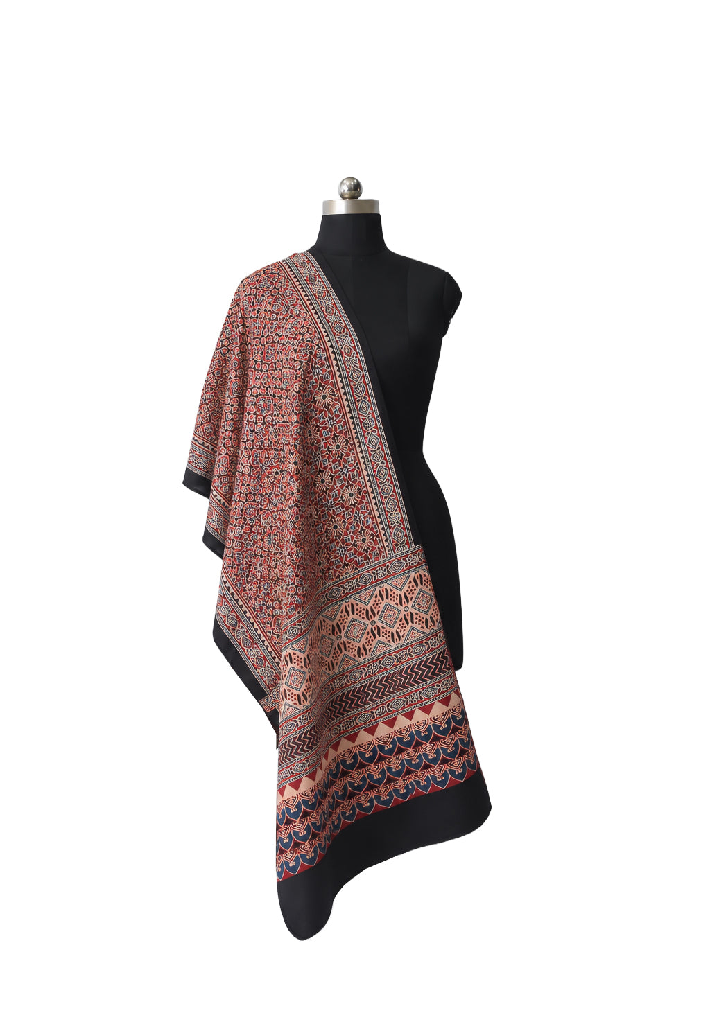 Ajrakh Mashru Silk Natural Dye Three Colour Print | 3 Kam | Screen Hand Printed Stole  - 2.1 Mtr Length   -  SKU : JH29701O
