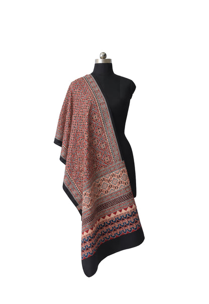 Ajrakh Mashru Silk Natural Dye Three Colour Print | 3 Kam | Screen Hand Printed Stole  - 2.1 Mtr Length   -  SKU : JH29701O