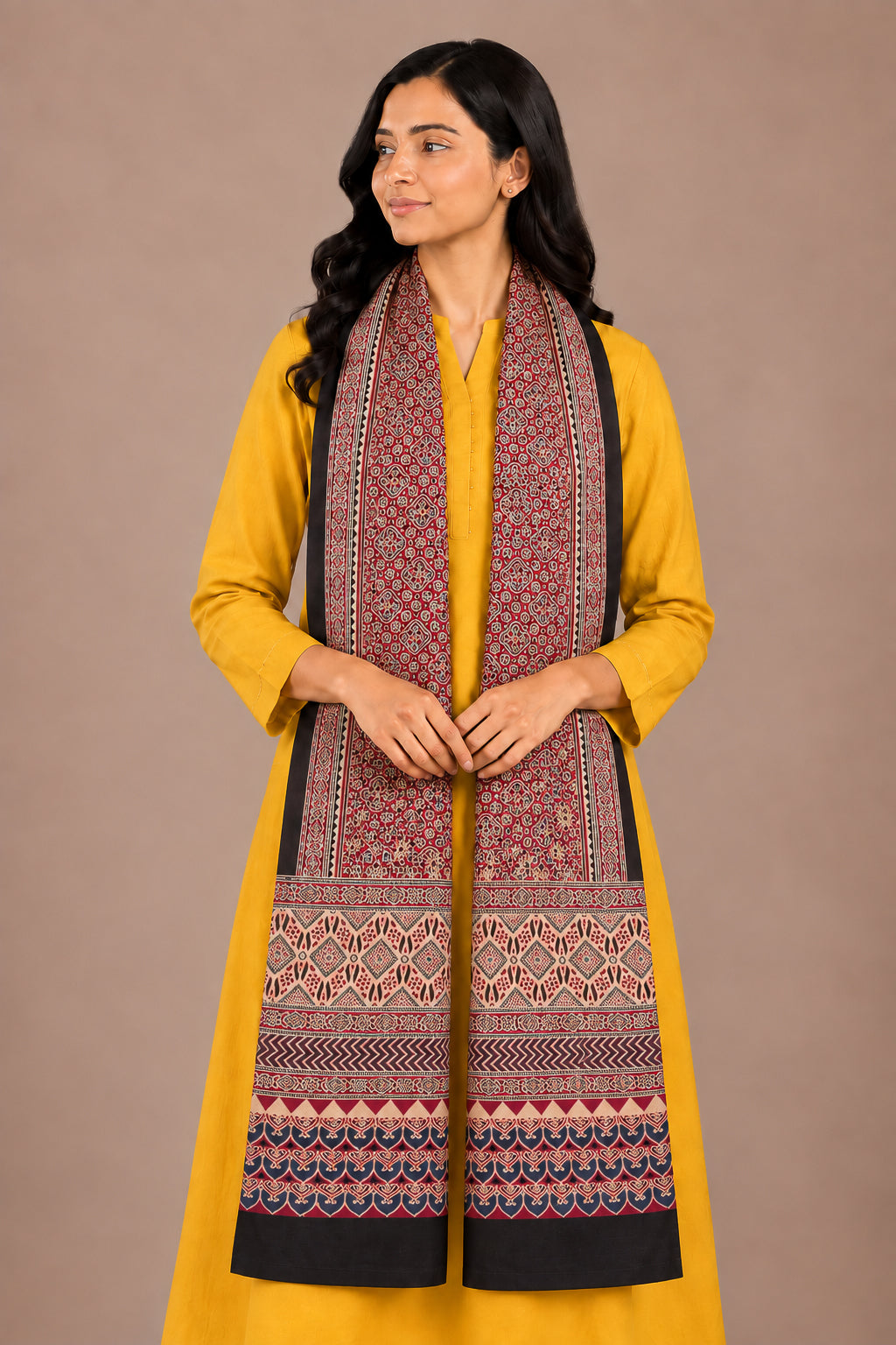 Ajrakh Mashru Silk Natural Dye Three Colour Print | 3 Kam | Screen Hand Printed Stole  - 2.1 Mtr Length   -  SKU : JH29701O