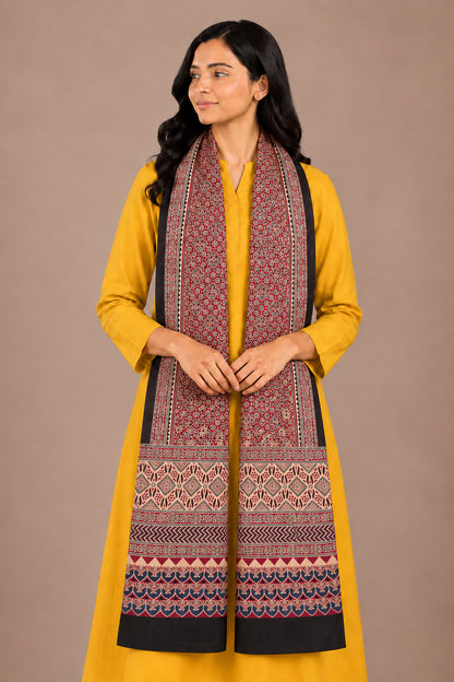 Ajrakh Mashru Silk Natural Dye Three Colour Print | 3 Kam | Screen Hand Printed Stole  - 2.1 Mtr Length   -  SKU : JH29701O