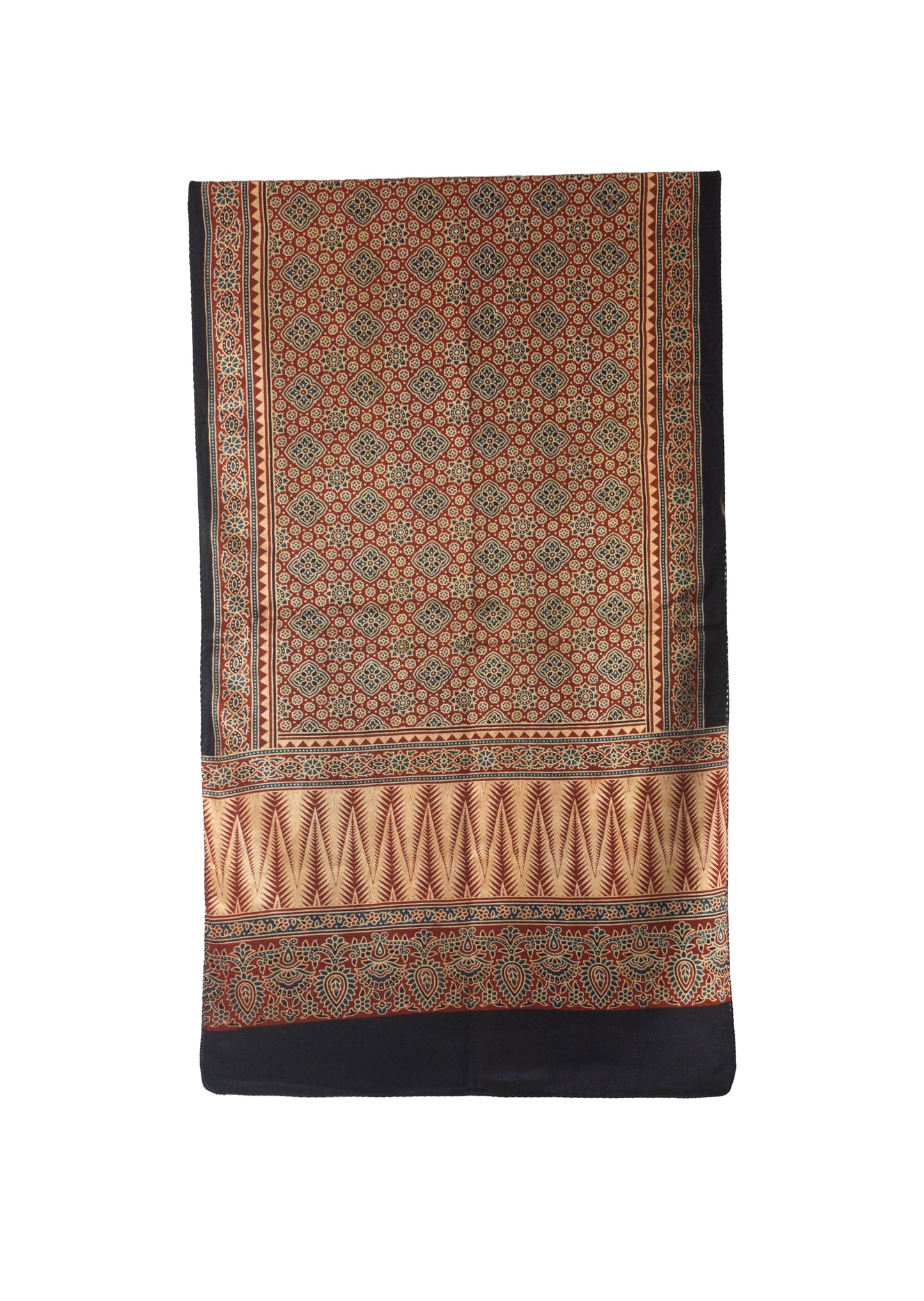 Ajrakh Mashru Silk Natural Dye Three Colour Print | 3 Kam | Screen Hand Printed Stole  - 2.1 Mtr Length   -  SKU : JH29701T