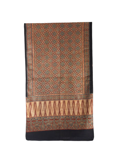 Ajrakh Mashru Silk Natural Dye Three Colour Print | 3 Kam | Screen Hand Printed Stole  - 2.1 Mtr Length   -  SKU : JH29701T
