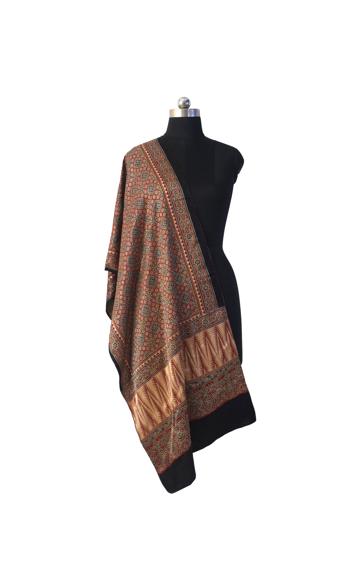 Ajrakh Mashru Silk Natural Dye Three Colour Print | 3 Kam | Screen Hand Printed Stole  - 2.1 Mtr Length   -  SKU : JH29701T