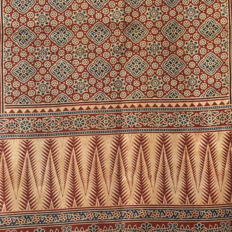 Ajrakh Mashru Silk Natural Dye Three Colour Print | 3 Kam | Screen Hand Printed Stole  - 2.1 Mtr Length   -  SKU : JH29701T