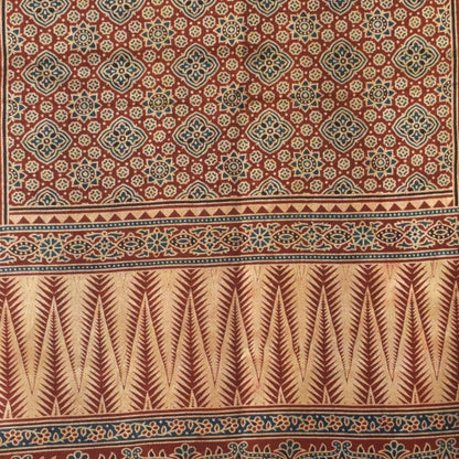 Ajrakh Mashru Silk Natural Dye Three Colour Print | 3 Kam | Screen Hand Printed Stole  - 2.1 Mtr Length   -  SKU : JH29701T