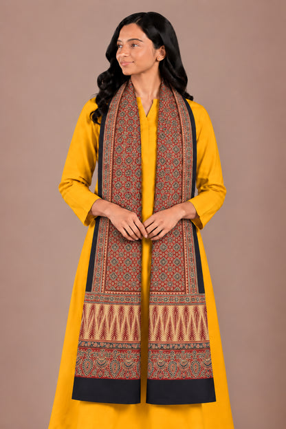 Ajrakh Mashru Silk Natural Dye Three Colour Print | 3 Kam | Screen Hand Printed Stole  - 2.1 Mtr Length   -  SKU : JH29701T