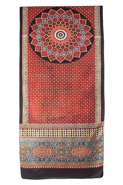 Ajrakh Mashru Silk Natural Dye Three Colour Print | 3 Kam | Screen Hand Printed Stole  - 2.1 Mtr Length   -  SKU : JH2970AA