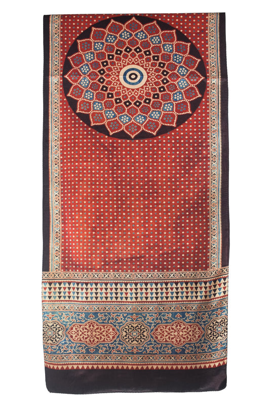 Ajrakh Mashru Silk Natural Dye Three Colour Print | 3 Kam | Screen Hand Printed Stole  - 2.1 Mtr Length   -  SKU : JH2970AA