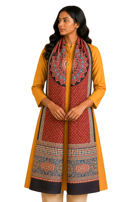 Ajrakh Mashru Silk Natural Dye Three Colour Print | 3 Kam | Screen Hand Printed Stole  - 2.1 Mtr Length   -  SKU : JH2970AA
