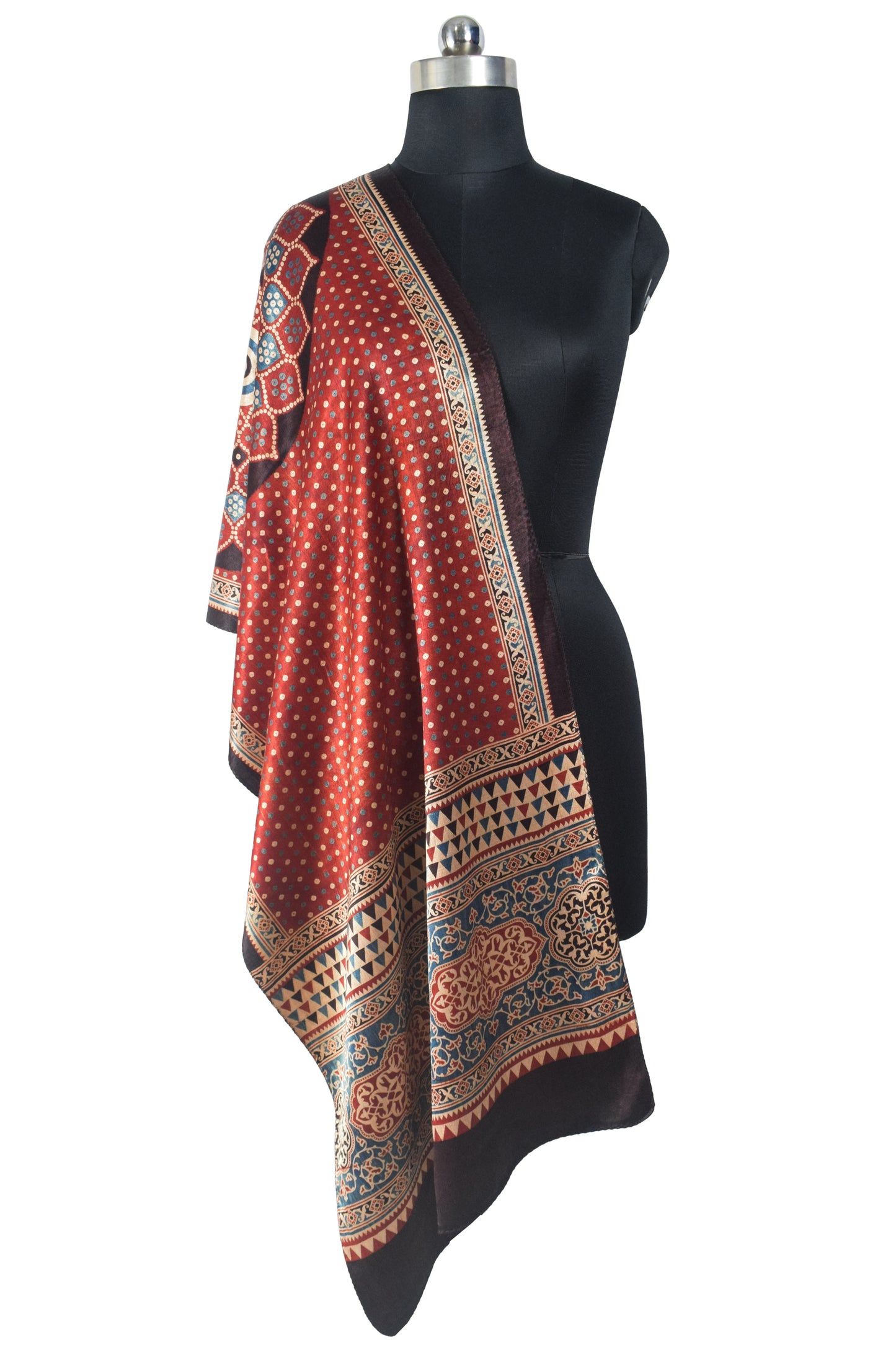 Ajrakh Mashru Silk Natural Dye Three Colour Print | 3 Kam | Screen Hand Printed Stole  - 2.1 Mtr Length   -  SKU : JH2970AA