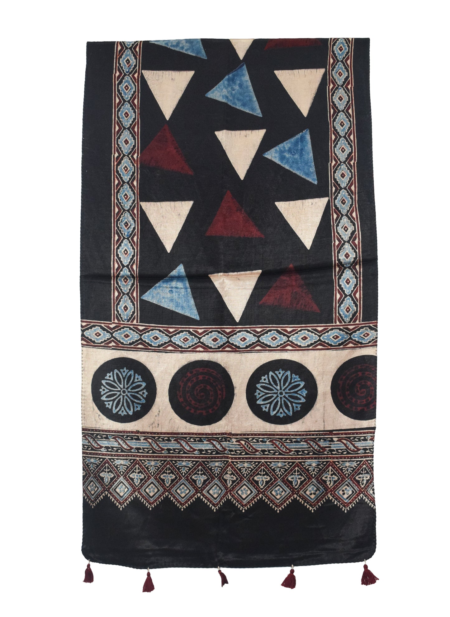 Ajrakh Mashru Silk Natural Dye Hand Block Print Stole With Tassels - 2 Mtr Length   -  SKU : AI07701A