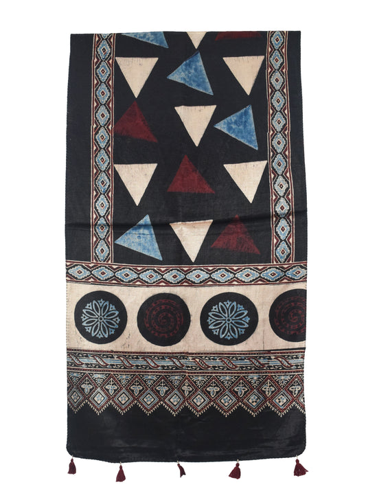 Ajrakh Mashru Silk Natural Dye Hand Block Print Stole With Tassels - 2 Mtr Length   -  SKU : AI07701A