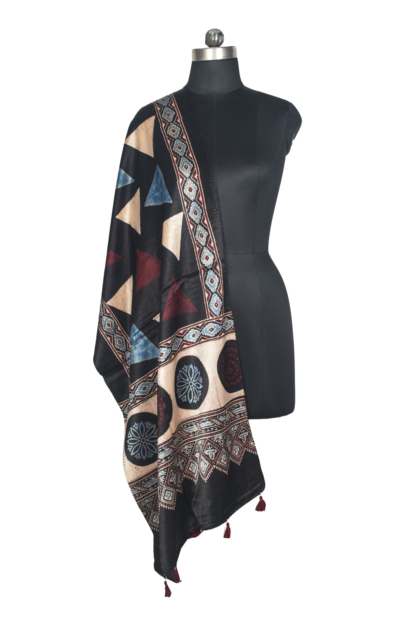 Ajrakh Mashru Silk Natural Dye Hand Block Print Stole With Tassels - 2 Mtr Length   -  SKU : AI07701A