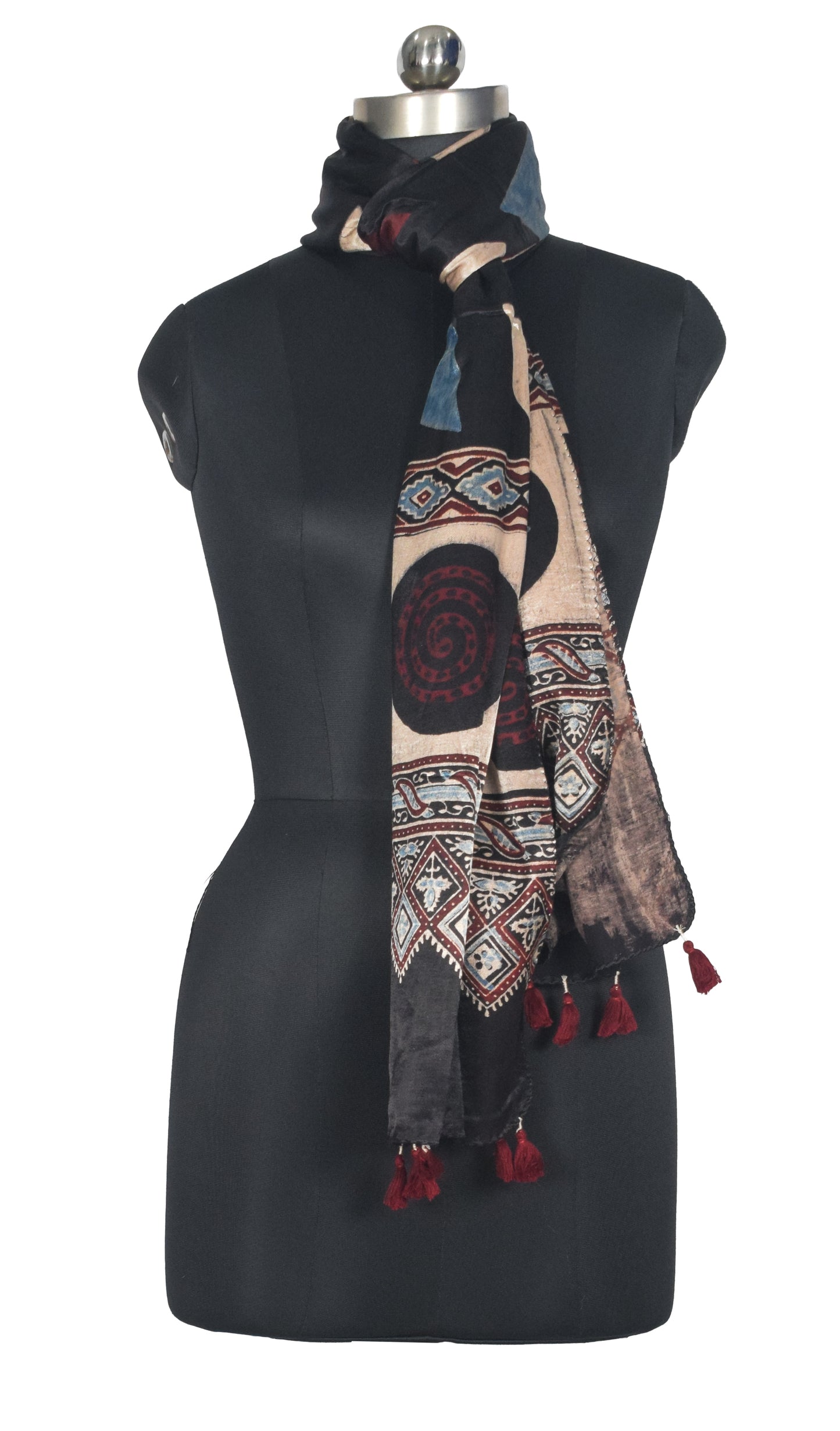 Ajrakh Mashru Silk Natural Dye Hand Block Print Stole With Tassels - 2 Mtr Length   -  SKU : AI07701A