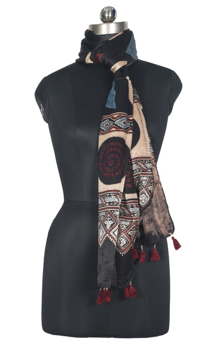 Ajrakh Mashru Silk Natural Dye Hand Block Print Stole With Tassels - 2 Mtr Length   -  SKU : AI07701A