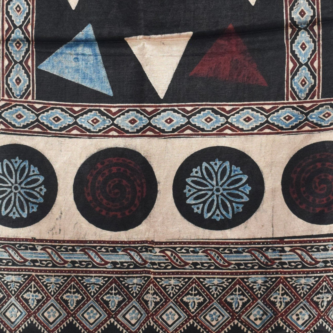Ajrakh Mashru Silk Natural Dye Hand Block Print Stole With Tassels - 2 Mtr Length   -  SKU : AI07701A
