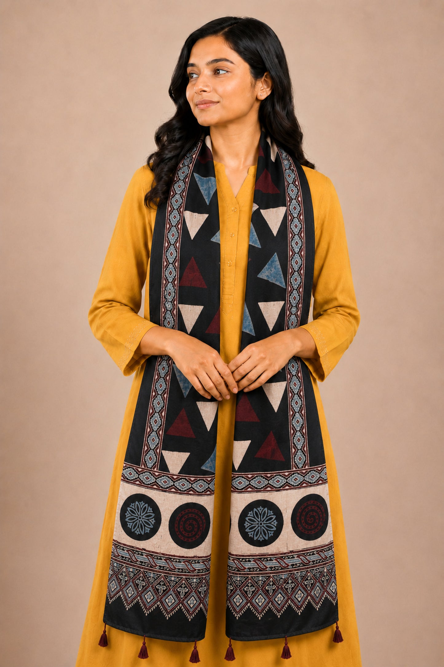 Ajrakh Mashru Silk Natural Dye Hand Block Print Stole With Tassels - 2 Mtr Length   -  SKU : AI07701A
