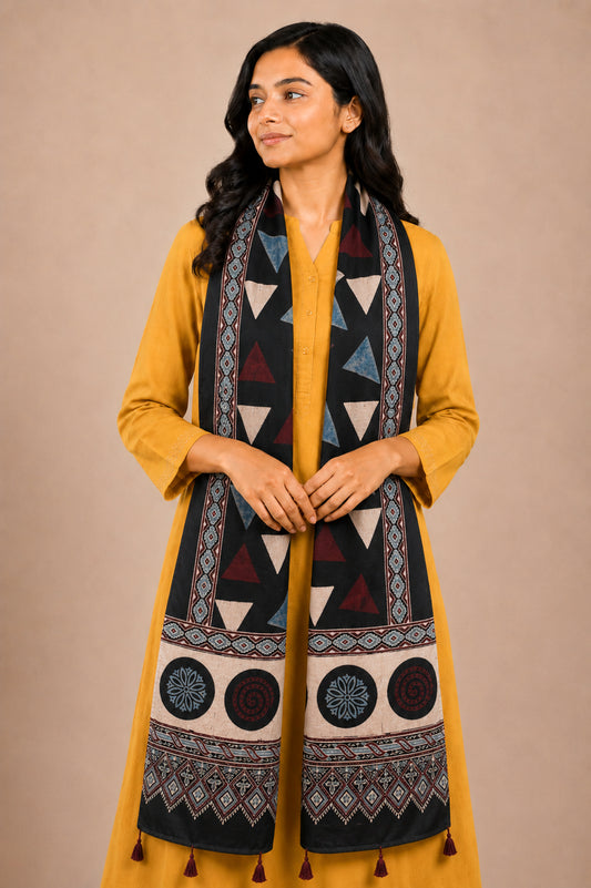Ajrakh Mashru Silk Natural Dye Hand Block Print Stole With Tassels - 2 Mtr Length   -  SKU : AI07701A