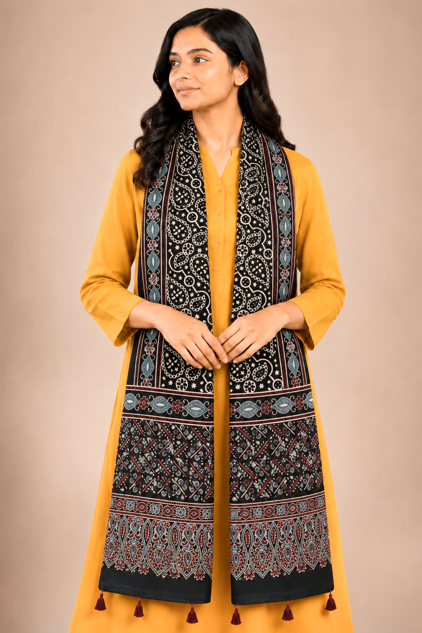 Ajrakh Mashru Silk Natural Dye Hand Block Print Stole With Tassels - 2 Mtr Length   -  SKU : AI07701G