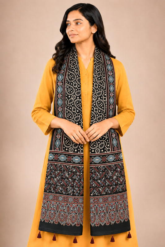 Ajrakh Mashru Silk Natural Dye Hand Block Print Stole With Tassels - 2 Mtr Length   -  SKU : AI07701G